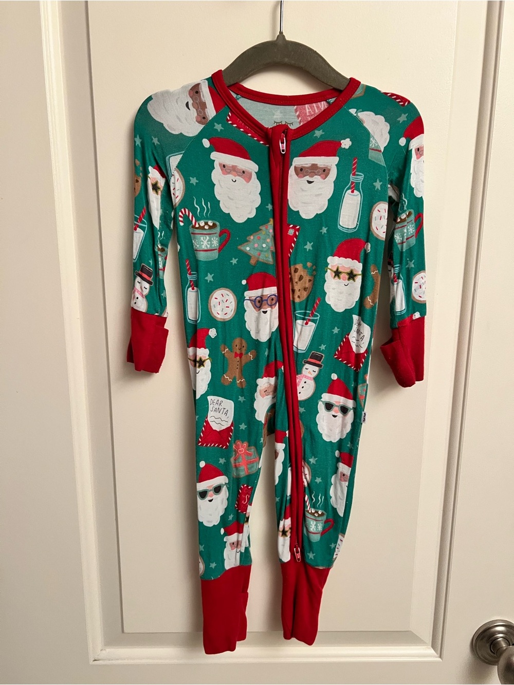 Little Sleepies Green Santa Print Footed One-Piece with Red Trim